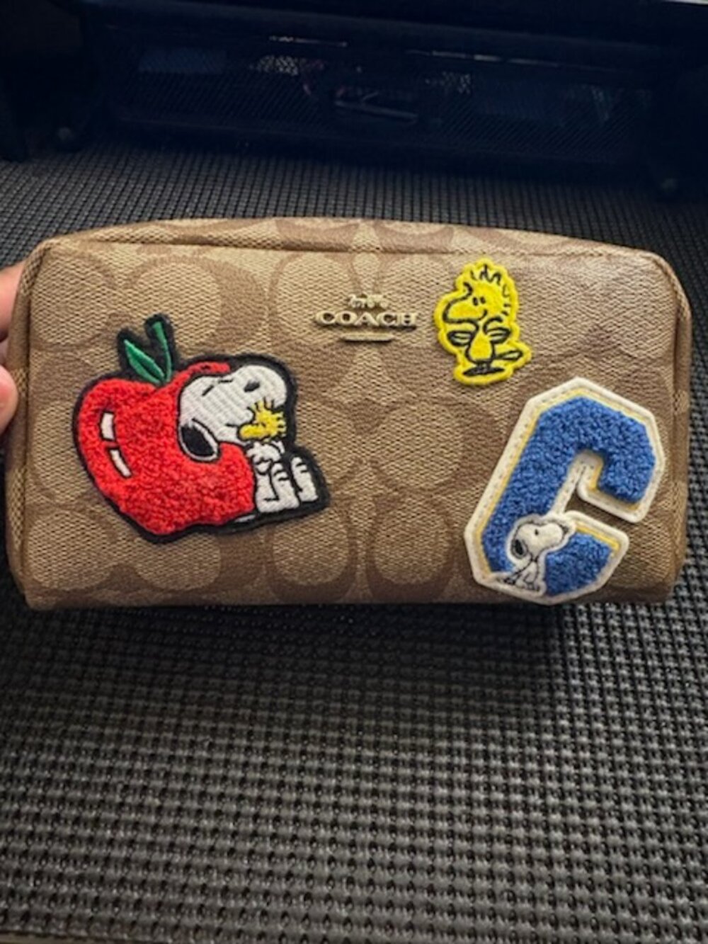Coach X Peanuts Small Boxy Cosmetic Case In Signature Canvas Varsity Patches